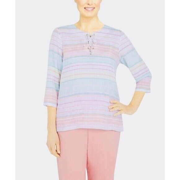 Alfred Dunner Women's round neck striped shirt drawstring front size S New - Picture 1 of 9